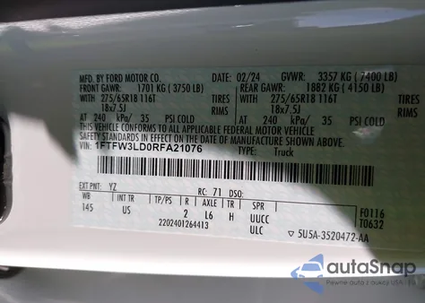 2024 Ford F-150 Xlt z USA, uszkodzony, nr VIN 1FTFW3LD0RFA21076